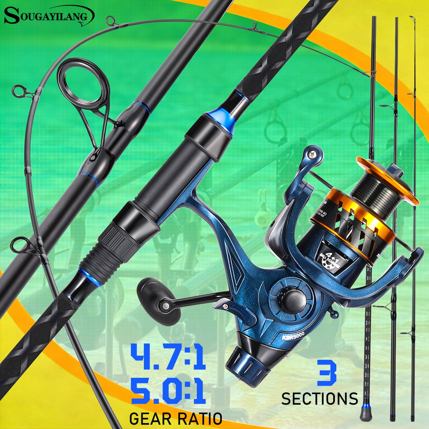 Fishing Rod Spinning - Sougayilang 3-teilige Surf-Angelrute mit Rolle, Kohlefaser-Spinnrute