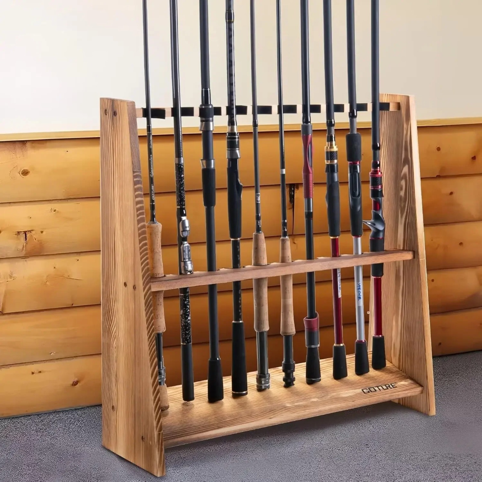 Fishing Rod Rack - Goture Karbonisiertes Kiefernholz Angelrutenständer 10 Fächer