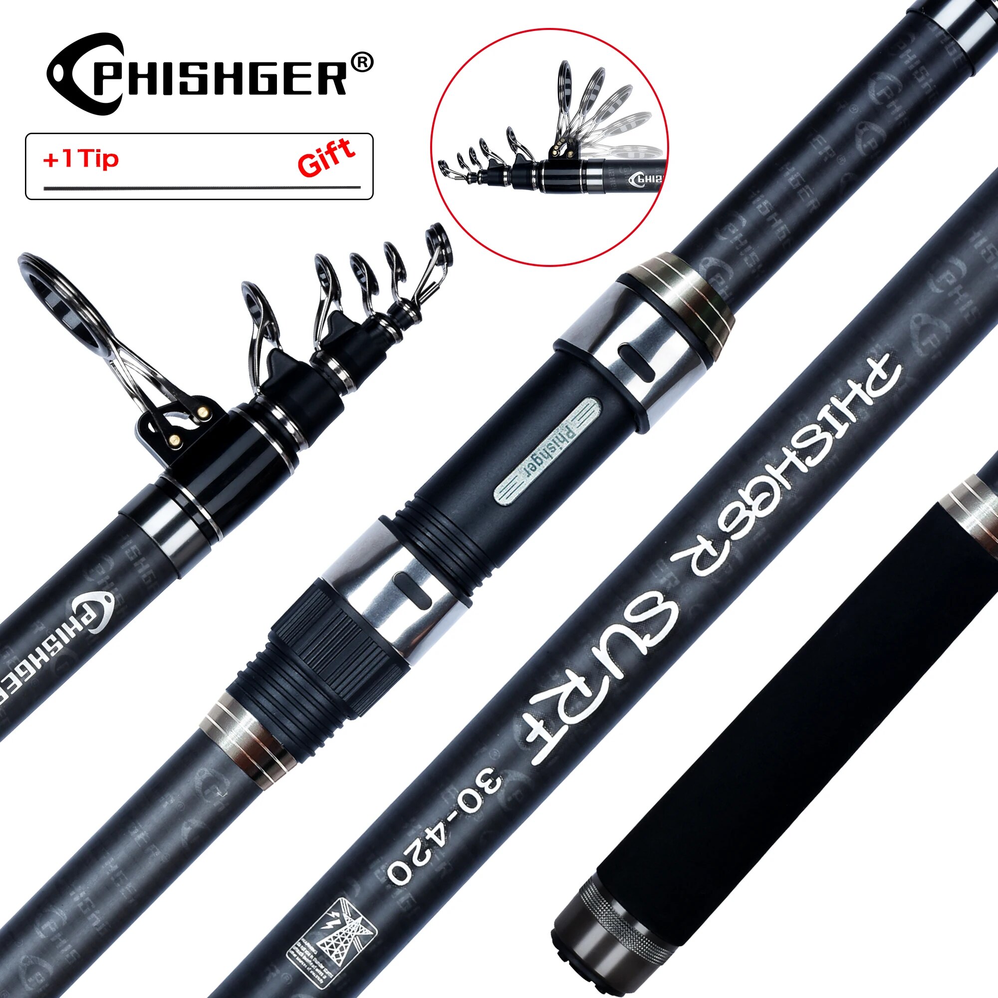 Fishing Rod Surf - PHISHGER Teleskop-Surf-Spinnrute, 3,6/4,2/4,5 m, Leistung 80–150