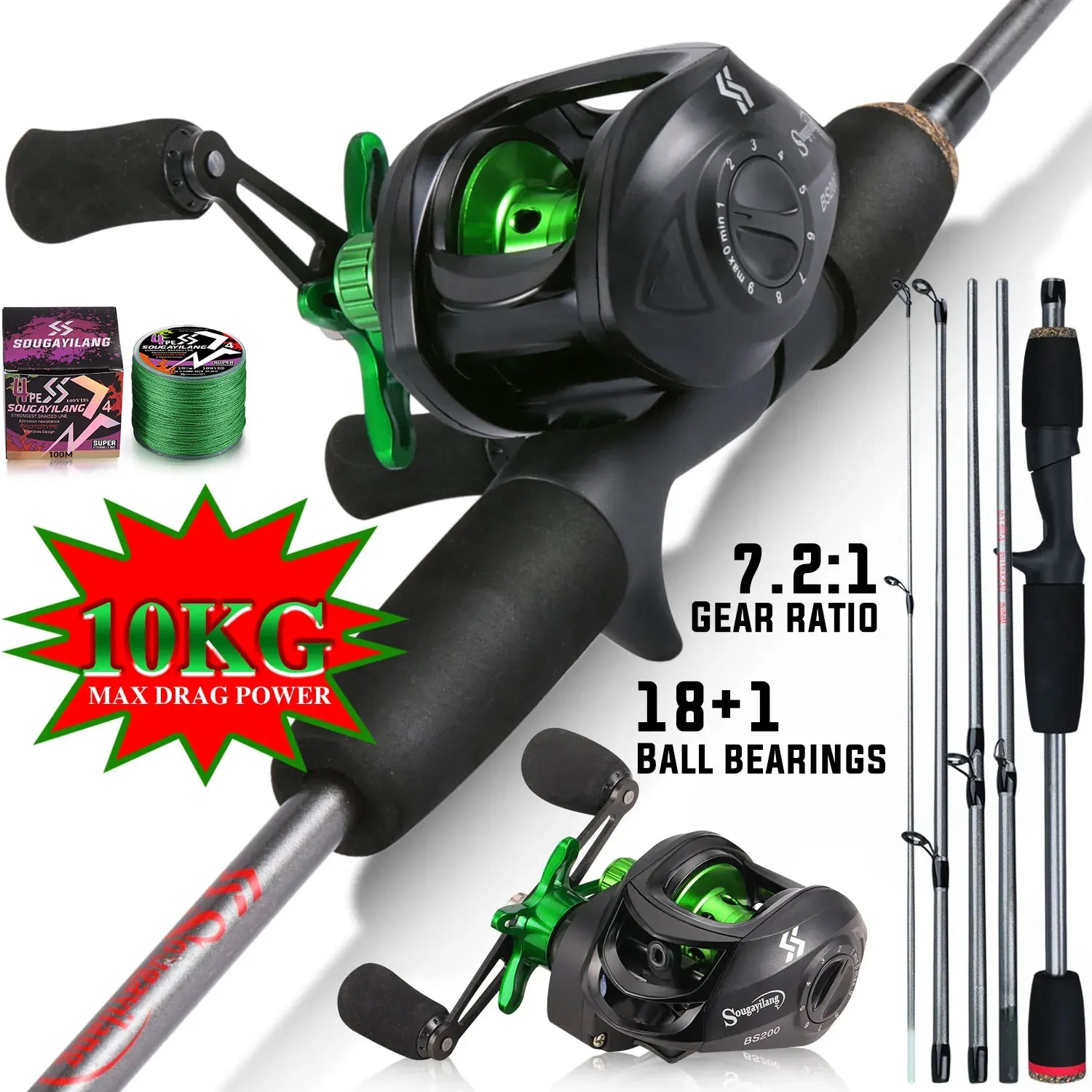 Fishing Rod Carbon Fiber - Sougayilang Angelruten-Kombination, 1,7 m, Kohlefaser-Gussrute und