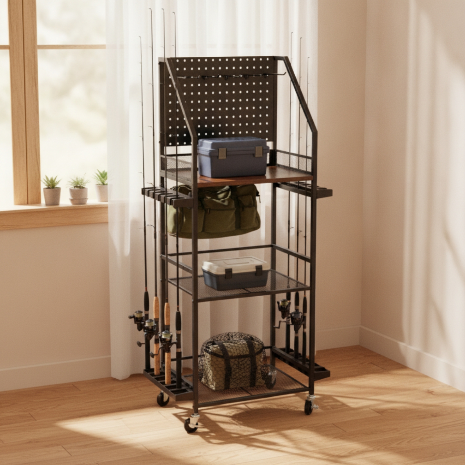 Fishing Rod Rack - Angelrutenständer mit Lochplatte, rollbarer Angelruten-Aufbewahrungswagen, mobil,